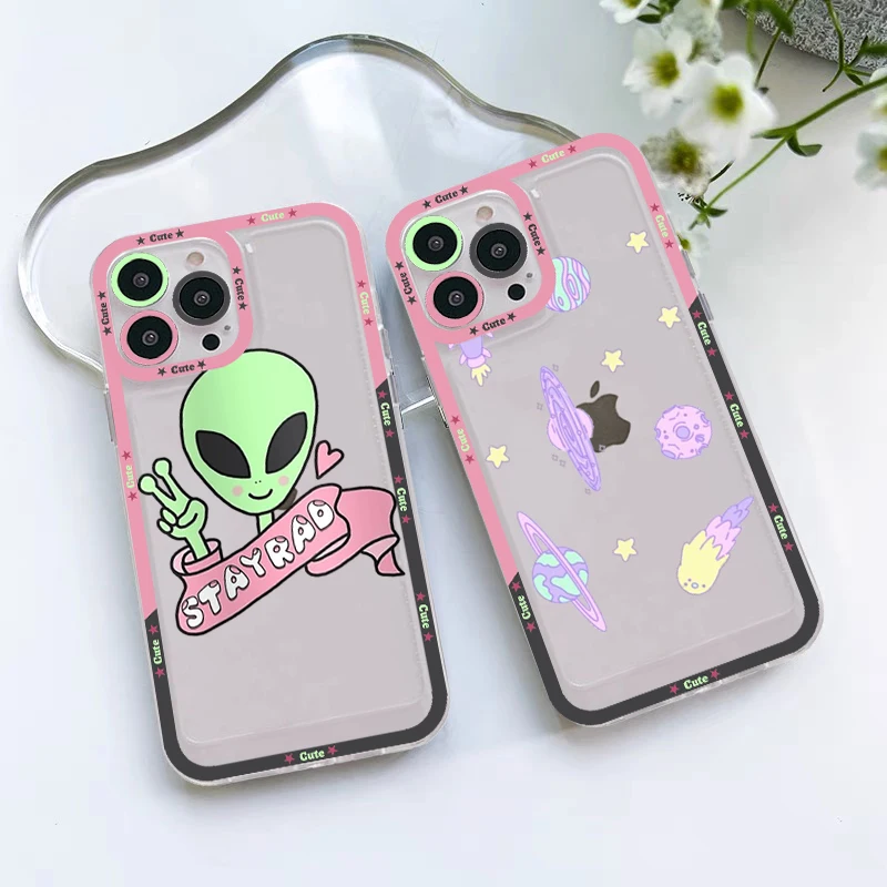 

Cute cartoon alien Phone Case For iPhone 14 13 12 11 Pro Max Mini X Xs XR 6 7 8 Plus SE 2020 Transparent Case