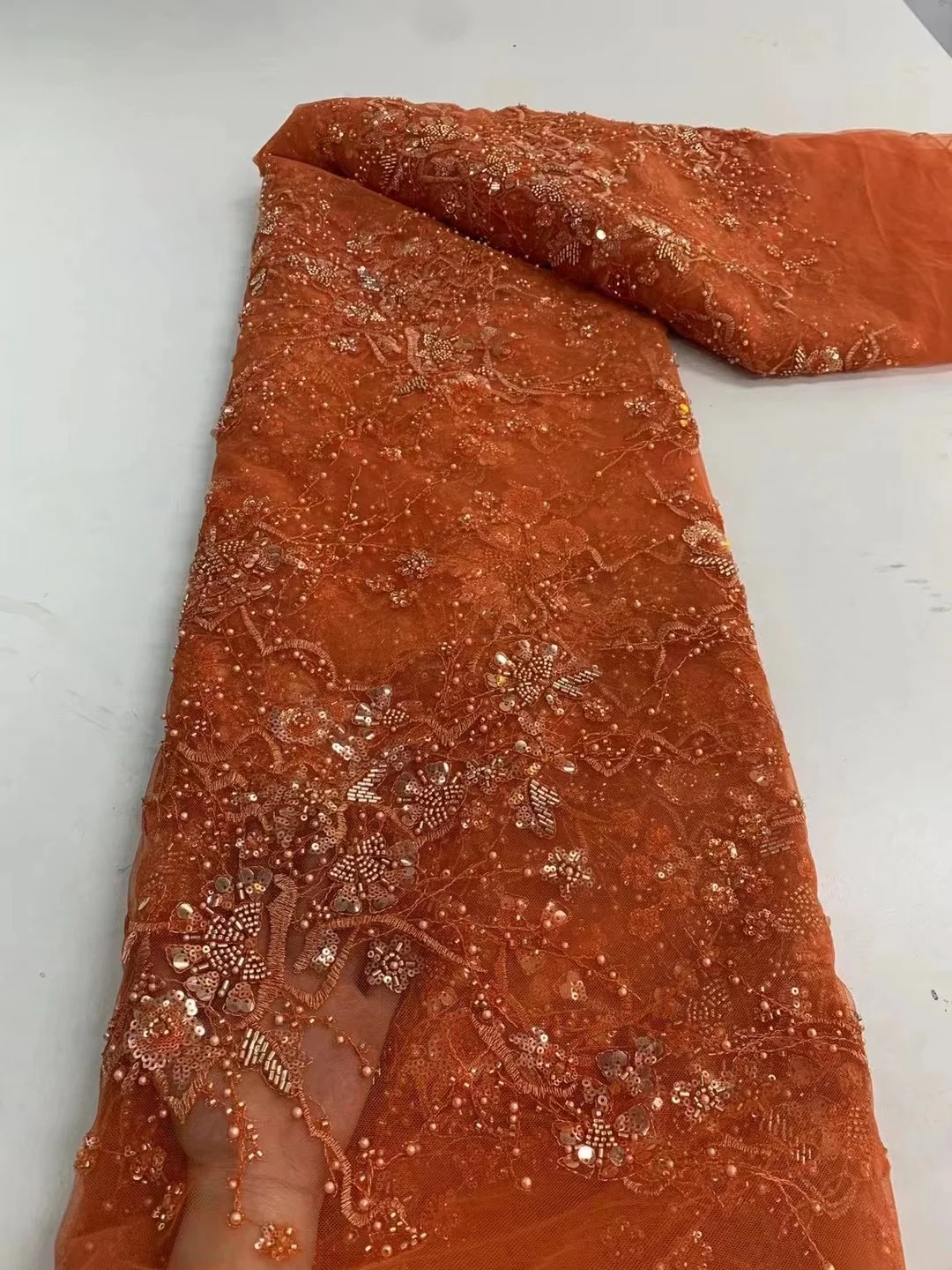 

Luxury Handmade Beads Nigerian Lace fabric 2023 Orange African French Embroidery Lace Sequins For Party Dress