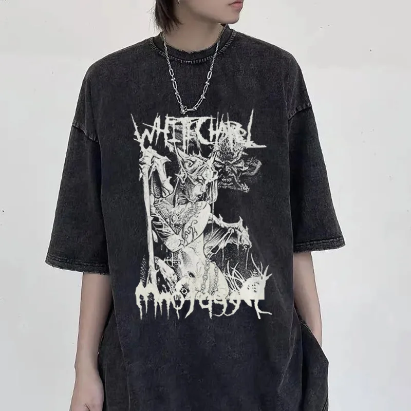 

Hip Hop Oversize Washed Top Streetwear Harajuku Ripped Graphic Printed Men Spring Summer Short Sleeve T-Shirt