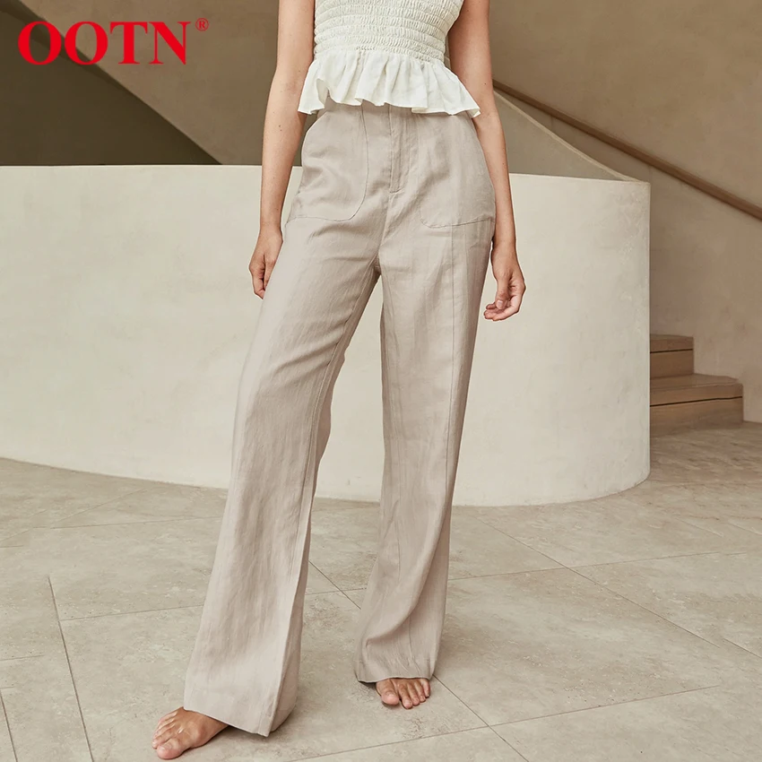 

OOTN Cotton Linen Casual Straight Pants Spring High Waist Khaki Trousers Women Pocket 2022 Baggy Elegant All-Match Womens Pants