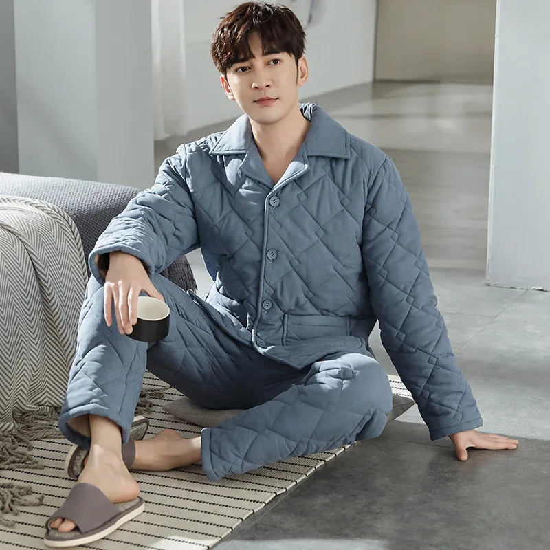 Men's Lapel Pajamas, New Winter Style, Thickened And Plush Three-layer Jacket, Warm, Soft And Comfortable Casual Home Suit Xxxl