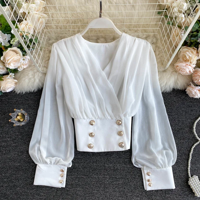 

Puff Sleeve Elegant Shirt White Black Double Buttons Vintage Blouse V Neck Office Ladies Shirt Female Casual Tops
