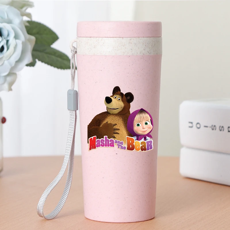 Фото Кружка для воды 350 мл с персонажами из мультфильма «Маша и Медведи», стеклянная, с кристальными наклейками, портативная, для студентов, милый дизайн, подарок для детей №1