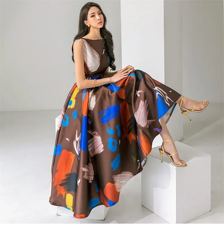 Women Elegant Dress O-Neck Long Korean Retro Sleeveless Printing Vestidos Fashion Slim Big Swing Party Casual Dress