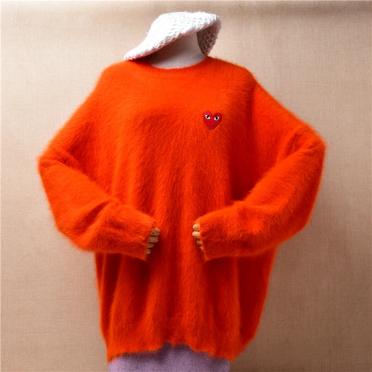 

Female Women Fall Winter Clothing Orange Hairy Plush Mink Cashmere Knitted O-Neck Long Batwing Sleeves Loose Pullover Sweater