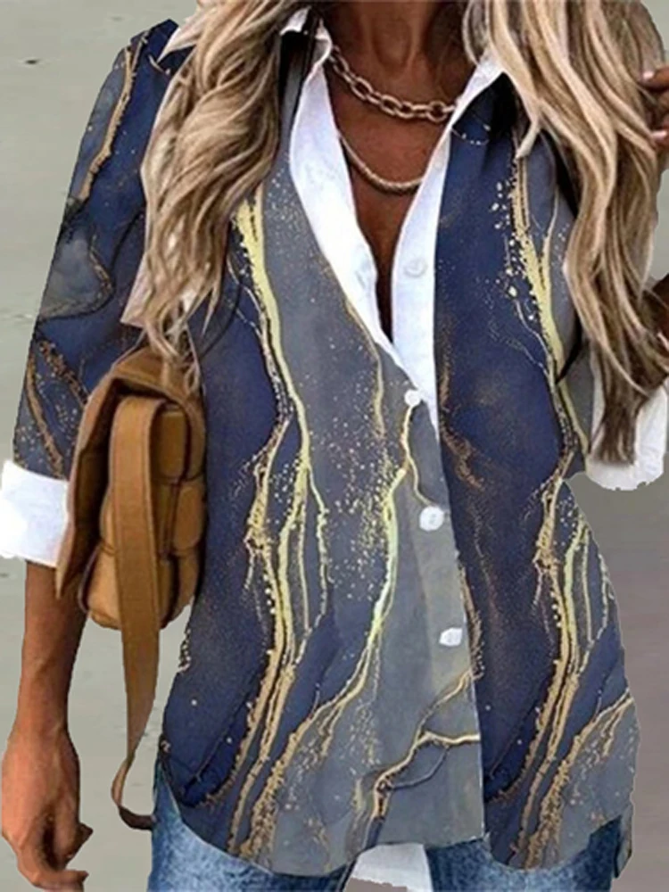 

Elegant Pattern Print Loose Blouse Office Fashion Lapel Single Buttons Shirt Spring Summer Women Casual Long Sleeve Shirts Blusa