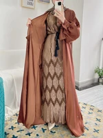 2 piece matching muslim sets hijab dress shiny open abaya kimonopleated long dress dubai abayas for women african islam clothes