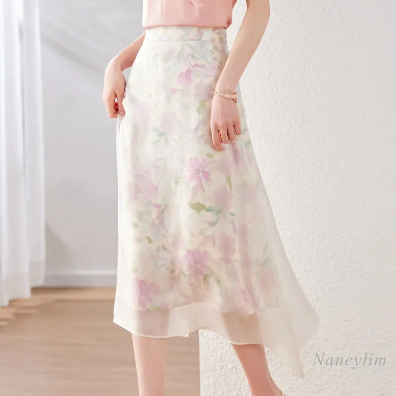 

Женская шифоновая юбка с высокой талией, трапециевидная сетчатая трапециевидная Юбка-миди с цветочным принтом, в офисном стиле, лето 2023