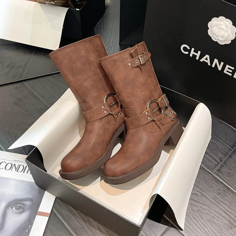 Genuine Leather Western Cowboy Boot 2023 Spring/Summer New British Style Retro Metal Buckle Mid-Calf Martens Booties Women