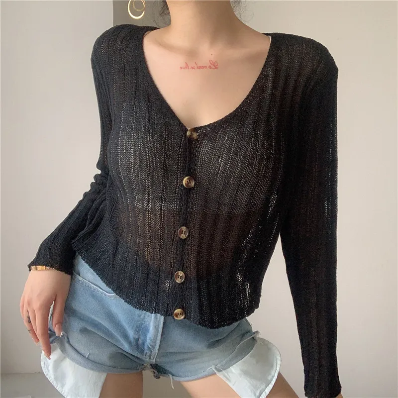 

Women's Deep V-neck Knitted Button Top 2021 Fall Ladies Basic Thin Casual Short Sleeve Cardigan Loose Black White Purple Blusa