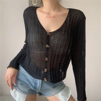 womens deep v neck knitted button top 2021 fall ladies basic thin casual short sleeve cardigan loose black white purple blusa