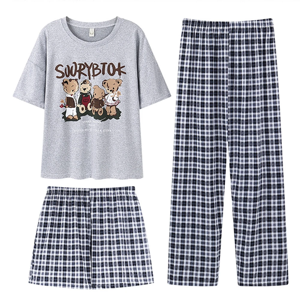 3pcs Sweet Cartoon Rabbit Casual Short Sleeve Elastic Plaid Shorts + Pajama Pants Sets Women's Summer Breathable Sleepwear Suit