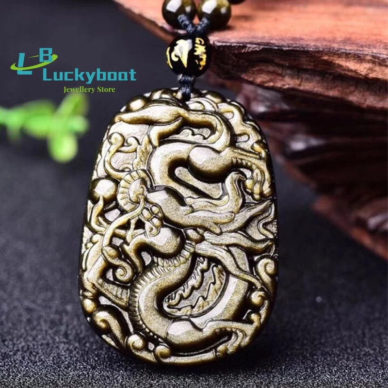 

Natural Golden Sheen Obsidian Dragon Pendant Necklace Man or Women's Lucky Zodiac Sign Pendant + Obsidian Beads Necklace