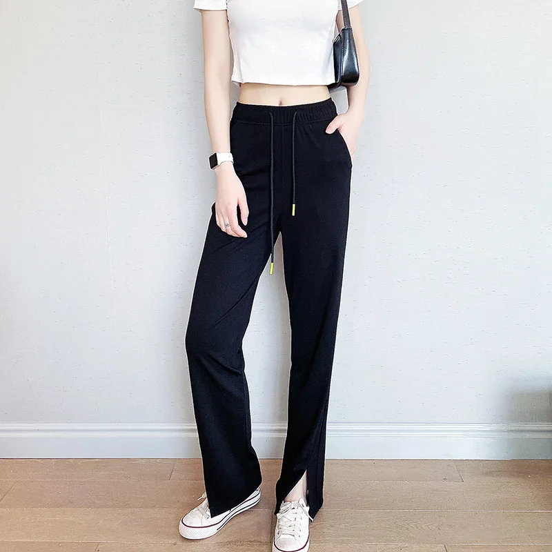 

Summer Comfort Loose Split Casual Pants Women Black Solid Colors Twill Floor Pants High Waist Drawstring Thin Straight Trousers