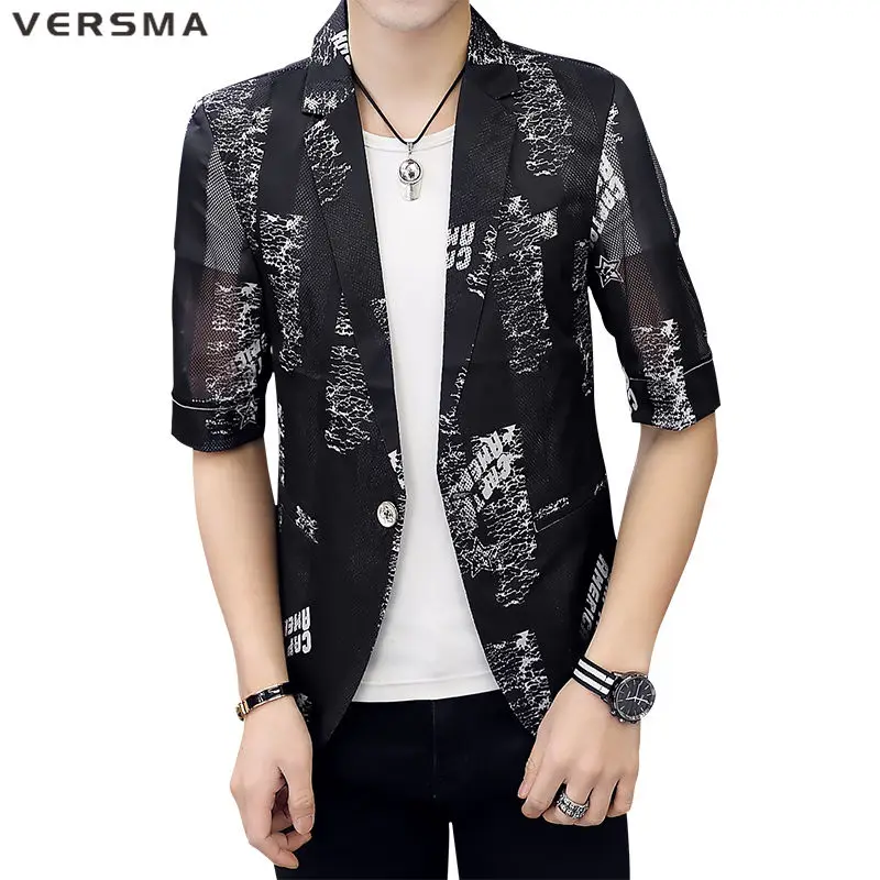 

VERSMA Korean Causal Chic Half Sleeve Slim Fit Suit Jacket Men Summer Trendy Thin Sun Protection Clothing Transparent Blazer Men