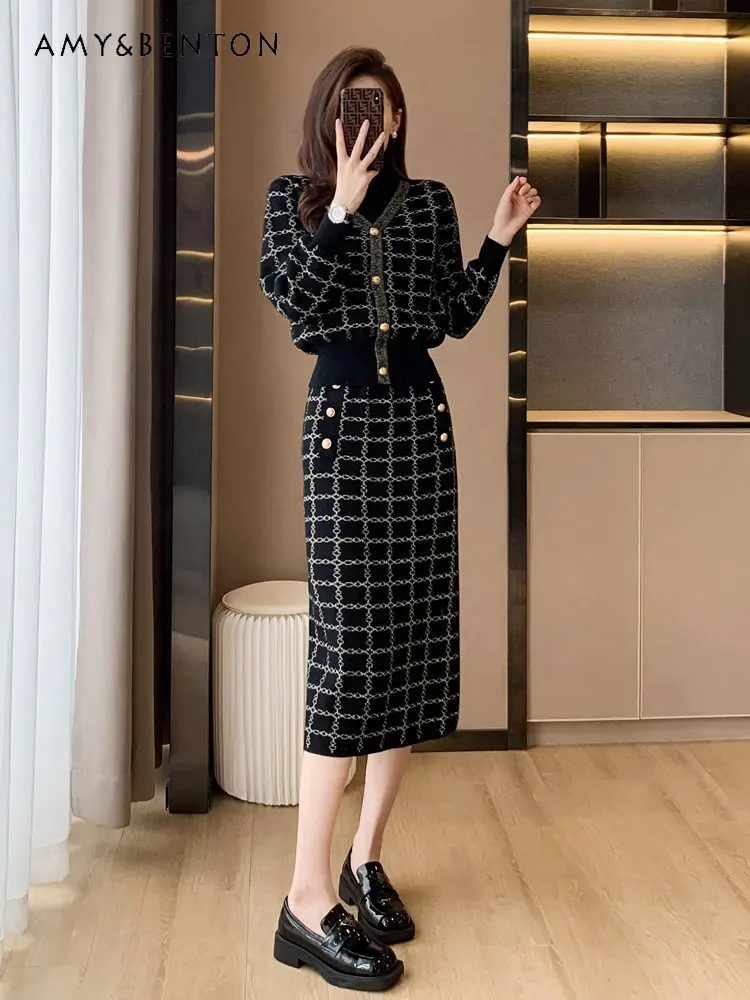 

Women's Knitting Suit Autumn Winter Long Sleeve Cardigan Leisure Fashion Plaid Sweater + Skirt Elegant Socialite Two-Piece Set