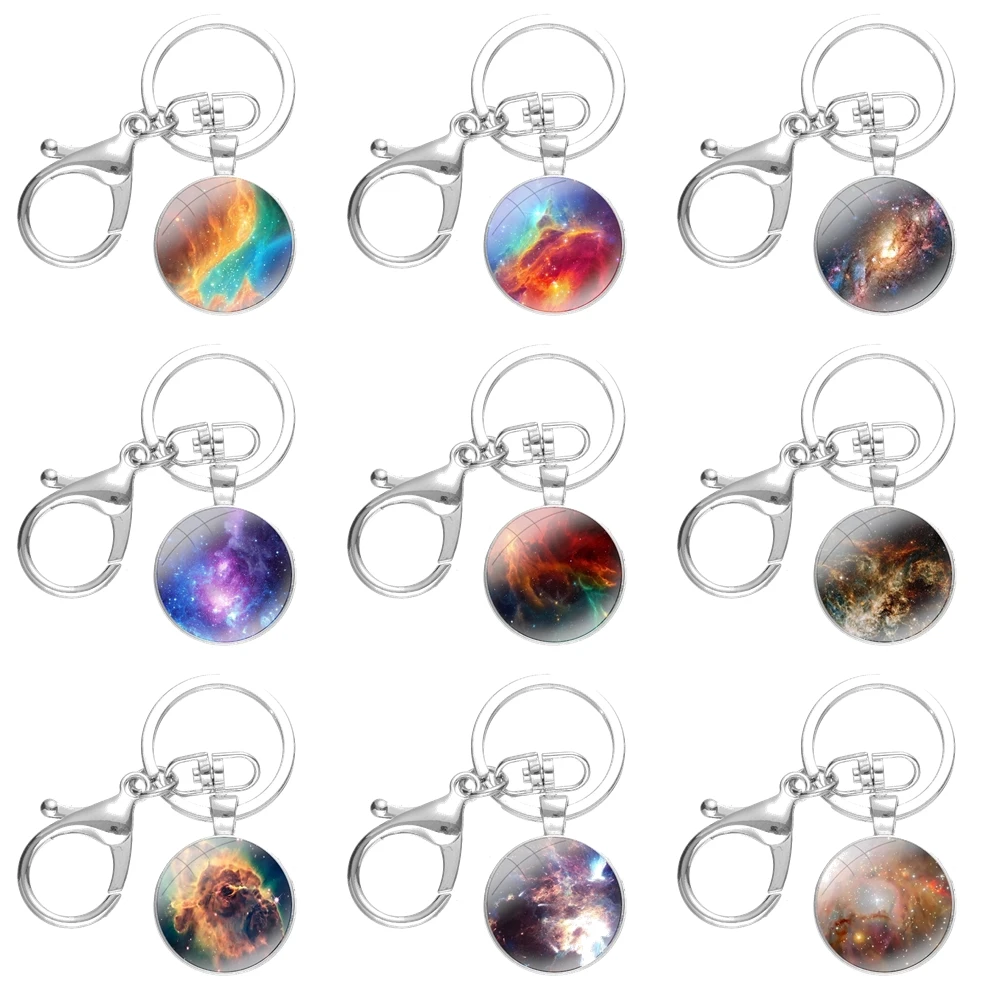 

Fashion Cartoon Creative Design Beautiful Space Nebula Keychains Handmade Glass Cabochon Alloys Key Rings Pendants Trinkets