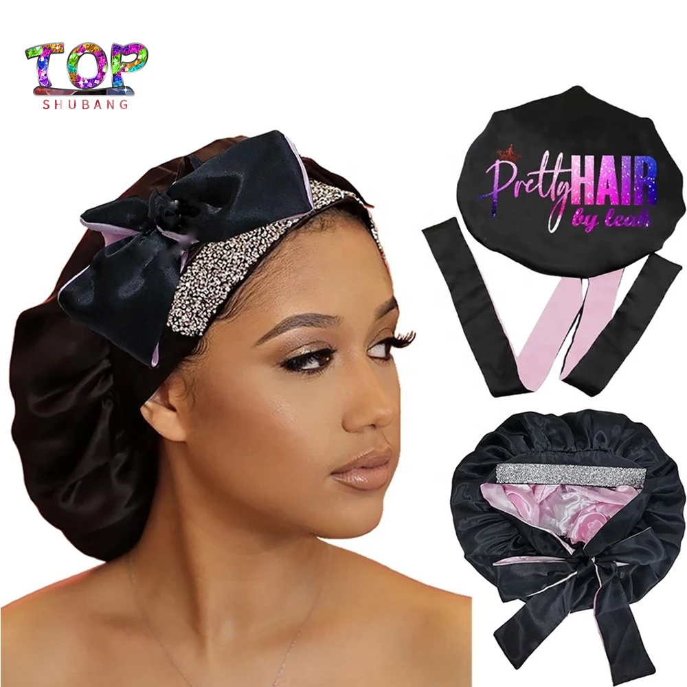 Custom Logo Glitter Diamond Soft Satin Long Ties Bonnets Silk Sleeping Double Sided Silk Hair Bonnet