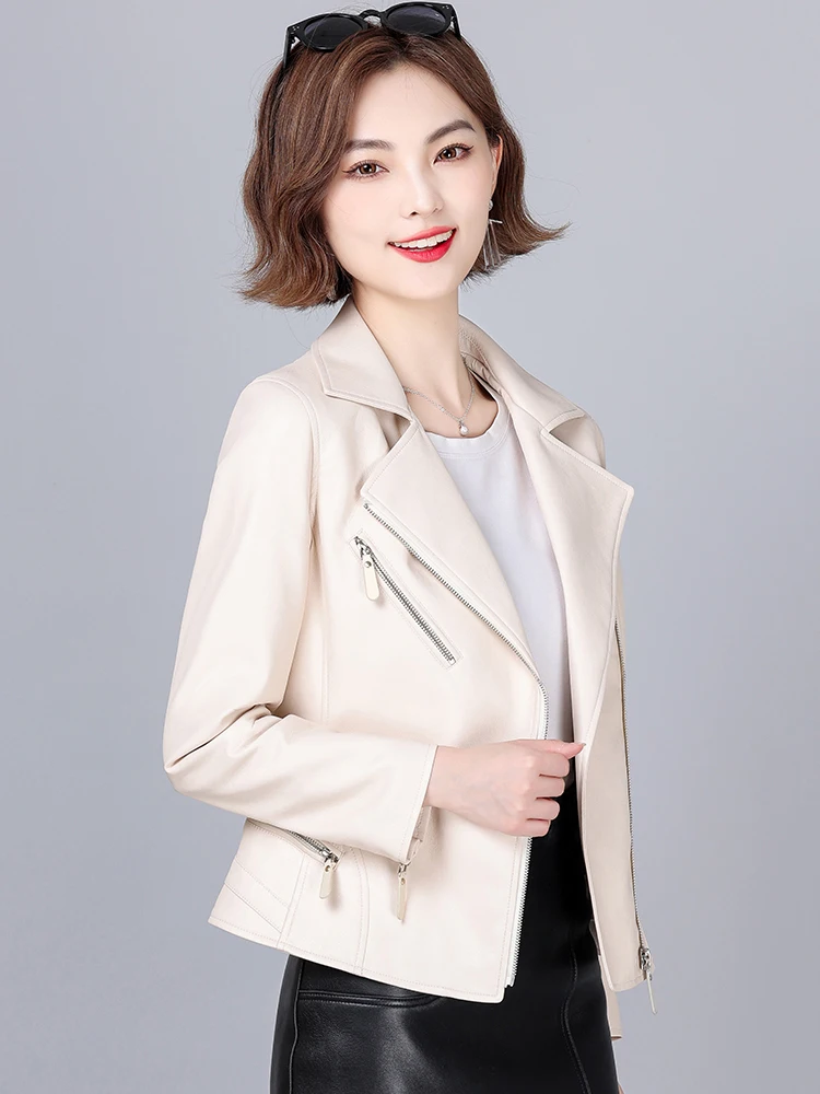 New Women Moto Leather Jacket Fashion Classic Suit Collar Slim Biker Coat Split Leather Outerwear Sheepskin Tops Coat Female