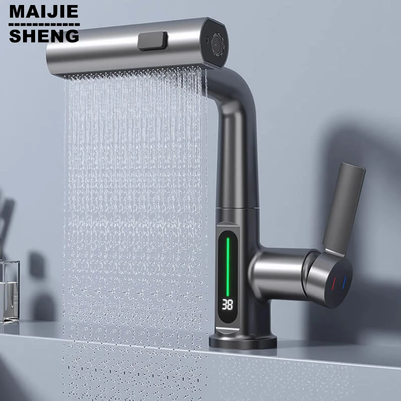 

Смеситель для раковины с цифровым дисплеем, кран «Водопад» для горячей и холодной воды, для ванной комнаты