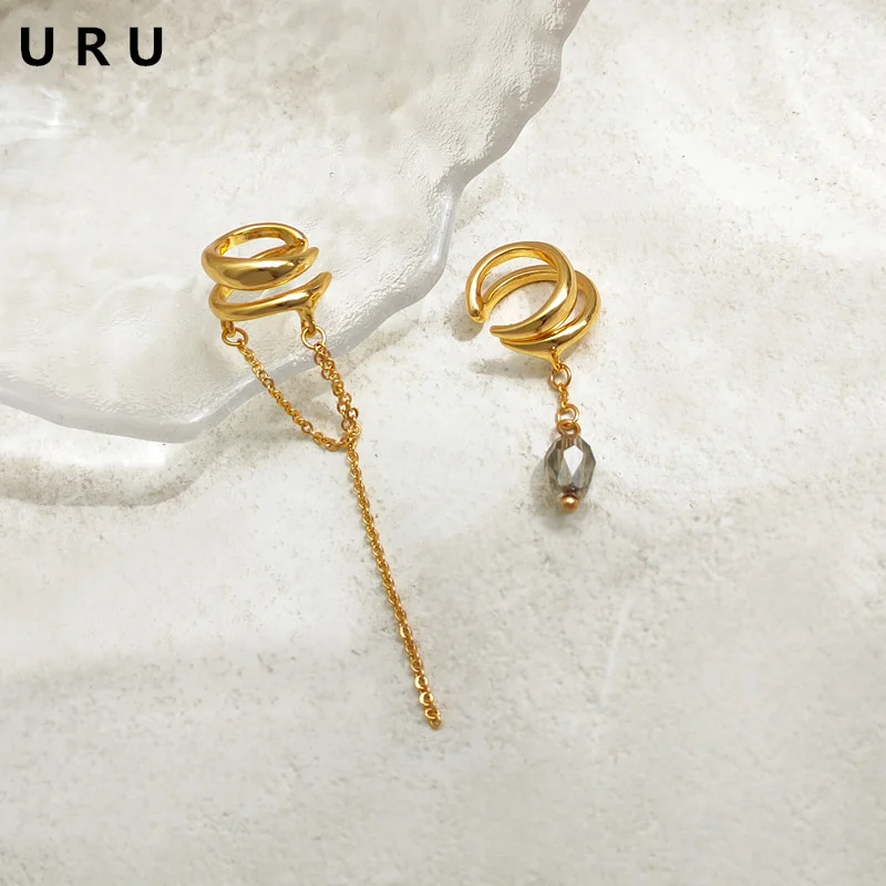 

Modern Jewelry Asymmetrical Earcuff Earrings Popular Style High Quality Brass Glass Bead Chain Dangle Ear Clip Earrings For Girl