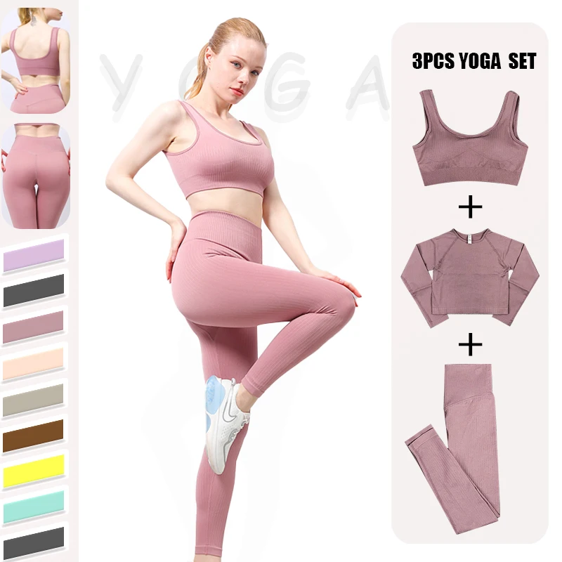 2/3 Pcs Women Seamless Yoga Suits Set Sportswear Gym Workout Wear Short Bra Leggings Tops Long Sleeves Yoga Wear