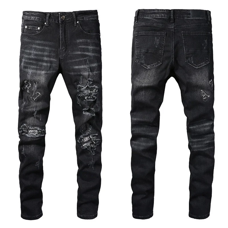 

Quality Men Black New Distressed Skinny Stretch Pant Streetwear Tie Dye Bandana Patchwork Destroyed Slim Fit Denim Jeans Hombres