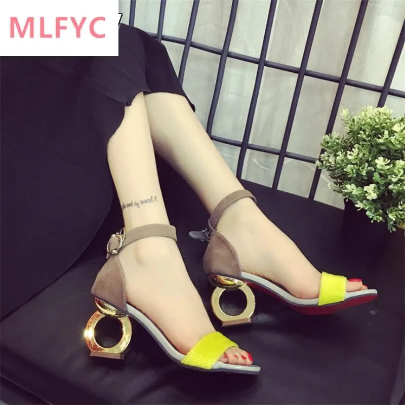 

Leopard Sheepskin Fashion Brands Sandals Horse Hair Strange Style Buckle Strap Party Pumps Yellow Sexy Ankle Strap Woman Shoes