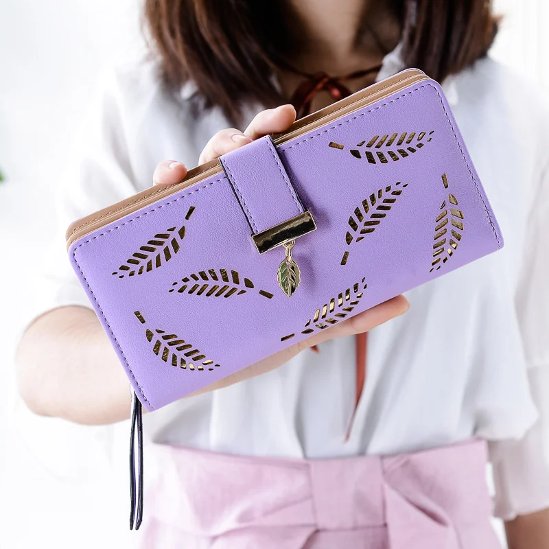 

Women Wallet PU Leather Purse Female Long Wallets Gold Hollow Leaves Pouch Handbags for Women Coin Purse Card Holders Clutch Sac