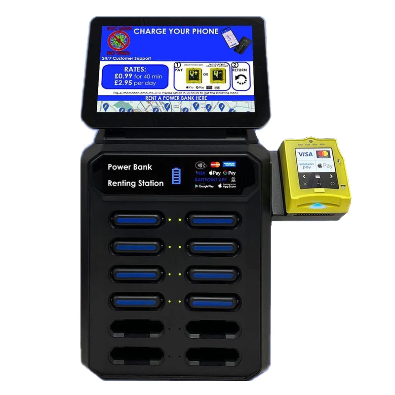 

Portable phone charger mobile powerbank vending machine advertising screen credit card sharing power bank rental station