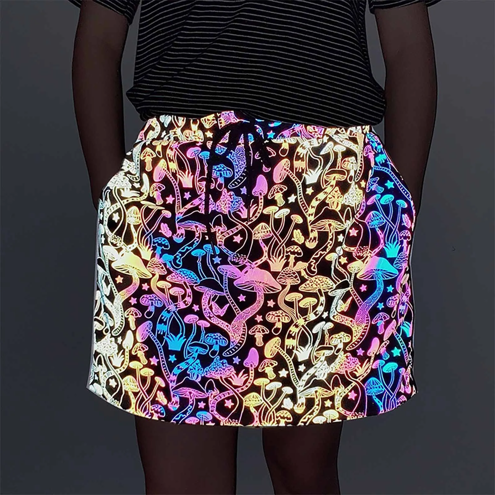 

Rainbow Mushroom Reflective Mini Skirts Women Sexy Nightclub Slim Fit Colourful Print Party Short Skirt Nightclub Dance Wear