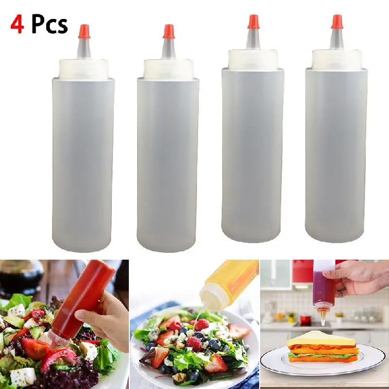 

4pcs 250ml Plastic Bottle With Leak-proof Cap Sauce Bottle Salad Bottle Camping Trip Barbecue With Scale Squeeze Bottle