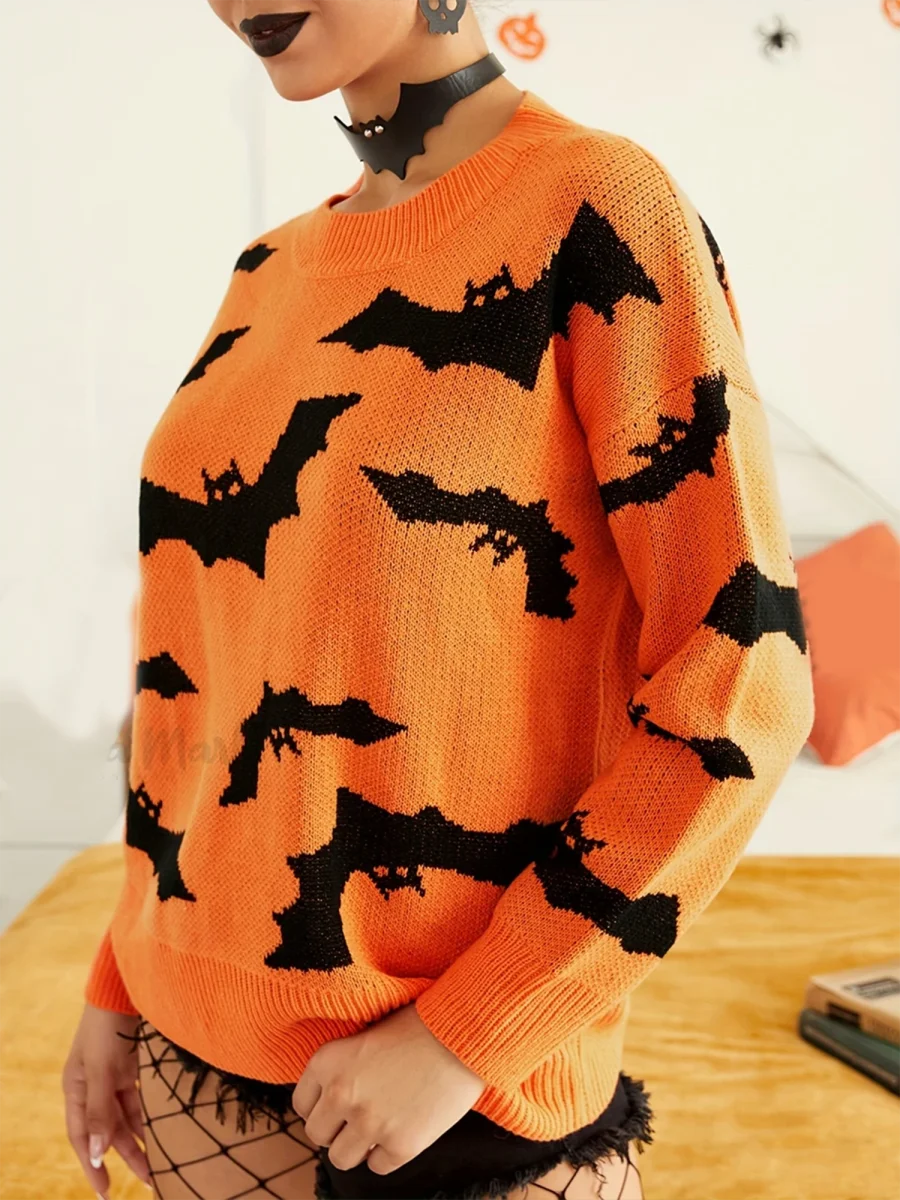 Женский свитер с рисунком летучая мышь на Хэллоуин Модный пуловер длинным