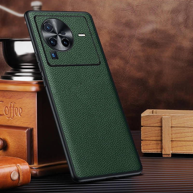 Luxury Litch Pattern Real Genuine Leather Fundas Cases For Vivo X80 Pro Coque Shockproof Cover  Case Shell