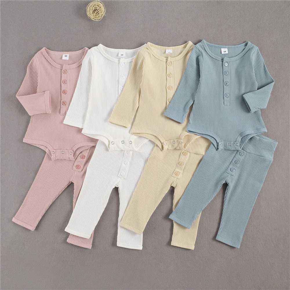 

2021 Winter Autumn Boys Girls Ribbed Pajamas Set Kids Sleepwear Bodysuit+Pant Children Lounge Toddler Clothing Baby Girl Pajamas