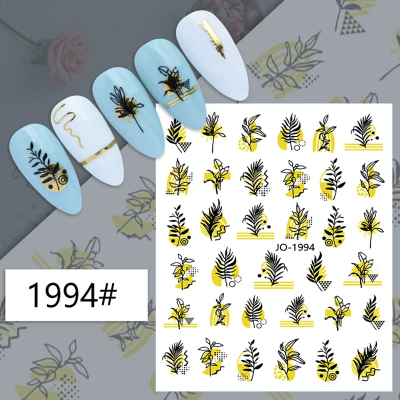 3D nail art stickers black gold laser foils press on nails summer decals sliders decorations flower leaf star adesivi naklejki