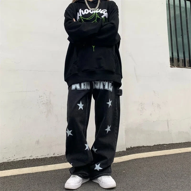 Men's Y2K Clothes Printed Strar Vintage Black Baggy Jeans Men Straight Trousers Denim Pants Streetwear For Women High Quality