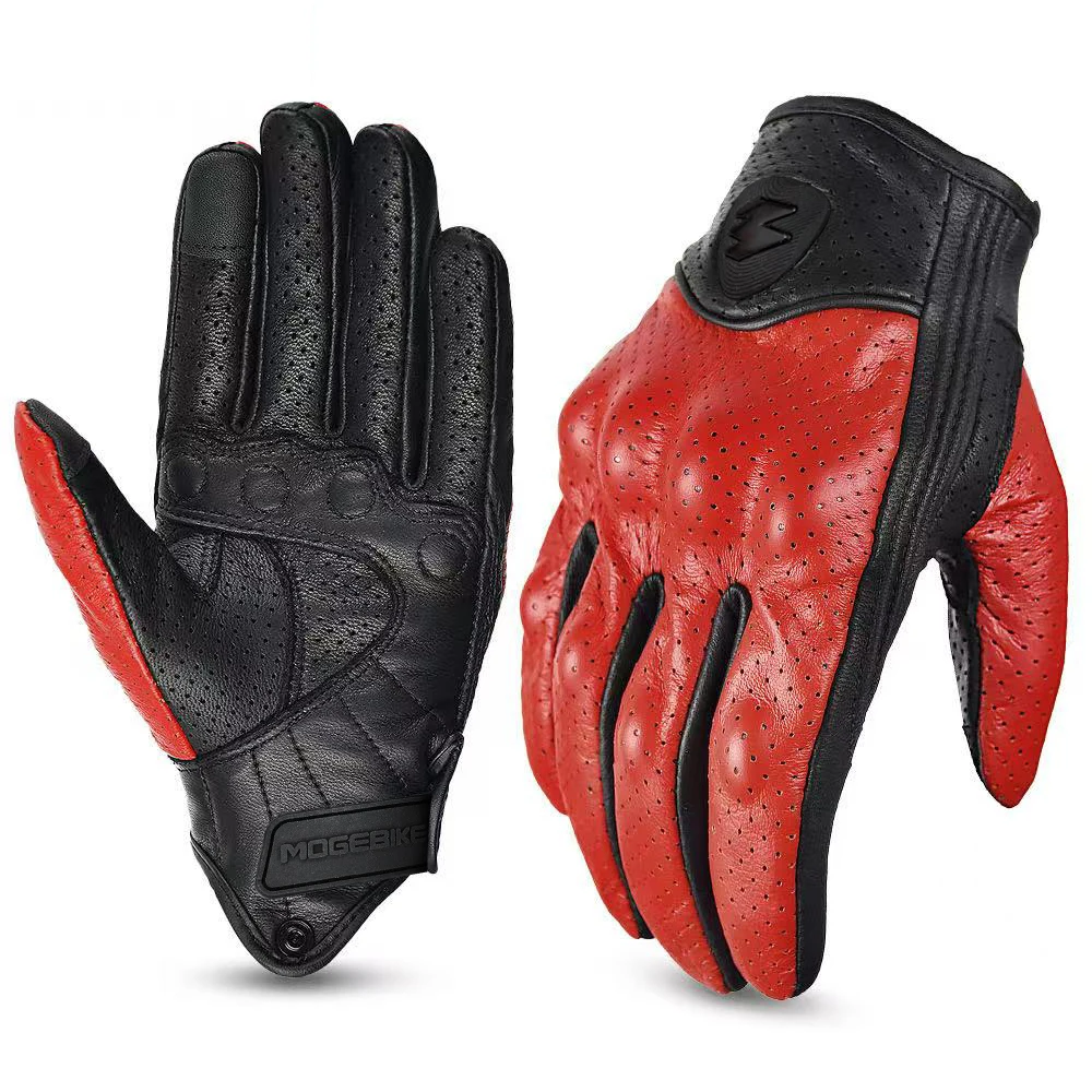 MOGEBIKE White Red Summer Breathable Perforation Motorcycle Gloves Retro Leather Full Finger Touchscreen Protection Glove