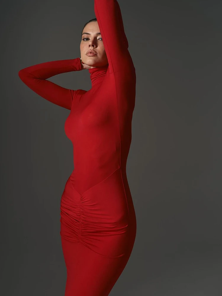 Модное однотонное женское длинное платье-футляр Ahagaga Классическая водолазка со