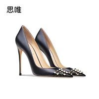 genuine leather 2022 star style luxury rivets women shoes high heels sexy pointed toe pumps wedding shoes evening dress shoes 34