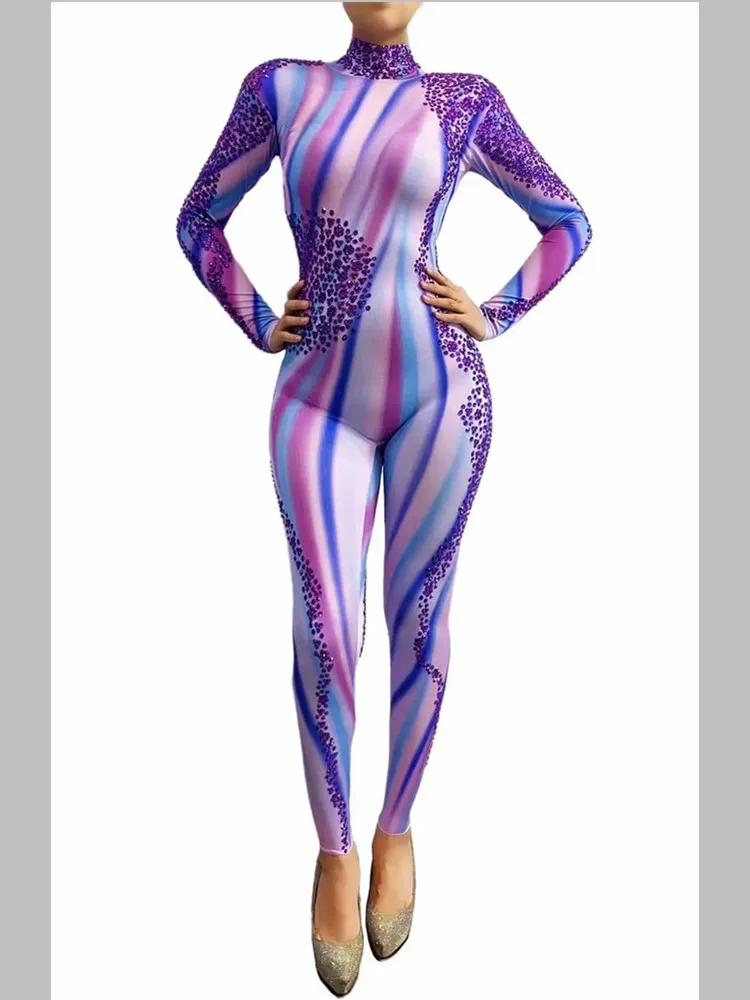 New Arrival Women Long Sleeve Sexy Bodycon Jumpsuit Shinning Diamond Bar Dancer Sexy Performance Custome Stage Wear