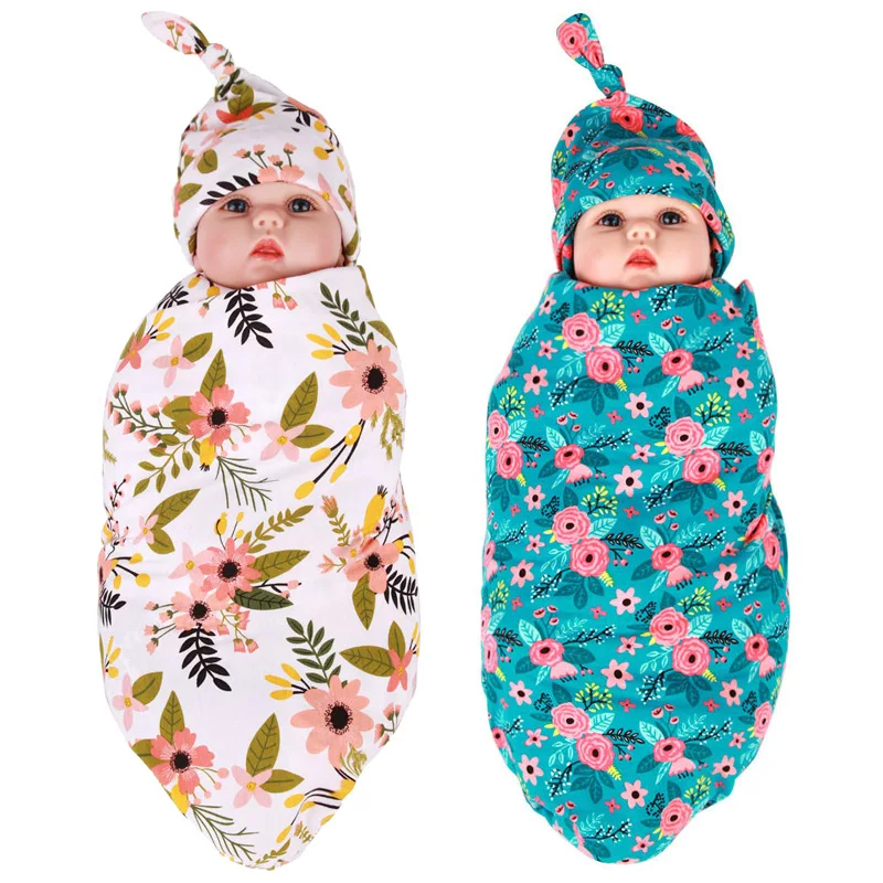 2Pcs European Style Cotton Printed Baby Swaddle Wrap Blanket With Hat Set Newborn Soft Sleeping Bags Envelope Cocoon Wrap