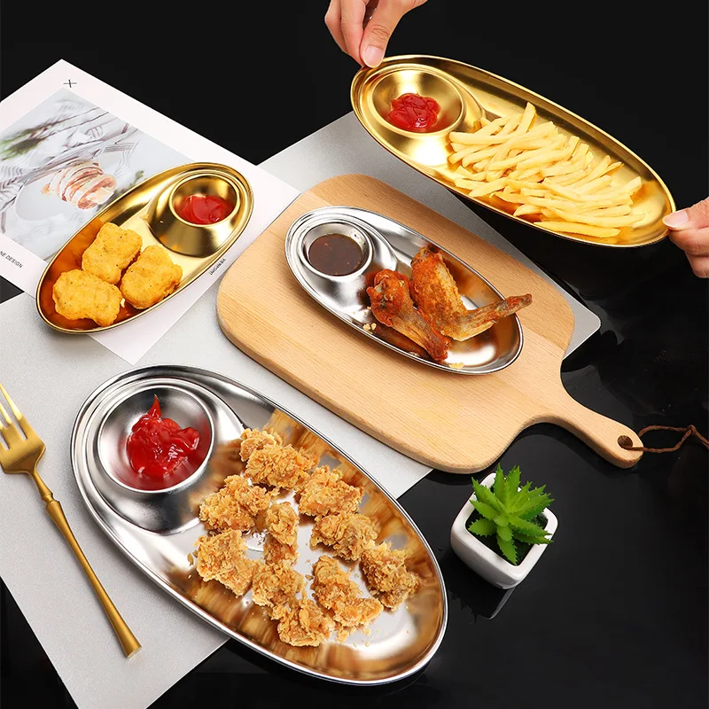 

New Design Divided Grid Plate Oval Plate With Sauce Plate Stainless Steel Snack Plate Western Fries Fried Ketchup Chicken Platos