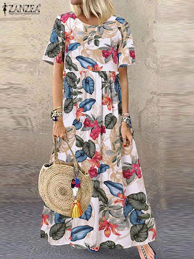 

2022 ZANZEA Bohemian Holiday Sundress Summer Women Vintage Floral Printed Short Sleeve Beach Dress Loose Long Vestido Robe Femme