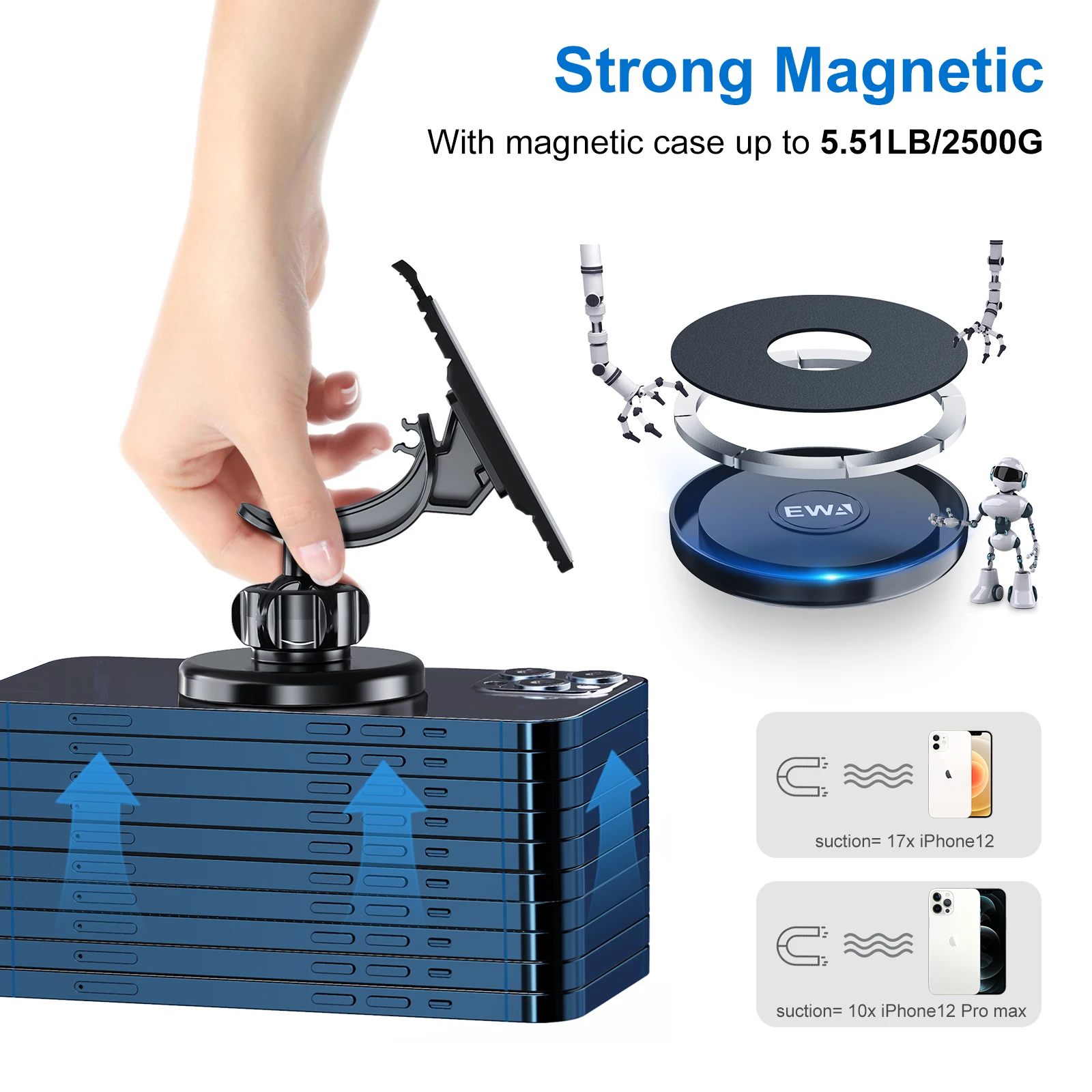 EWA Magnetic Dashboard Car Mount Fit for MagSafe Case iPhone 14 13 12 Pro Max Mini Plus  Magnet Magnetic Car Mount for All Phone