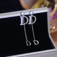 trendy double letter d women earring 925 silver needle inlaid bling cubic zircon stud earrings long design pendnat jewelry