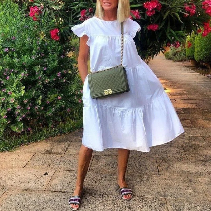 

Women Summer Dress 2021 Casual Loose Short Sleeve Party Dresses Sweet O Neck Ruffled A Line Female Robe Vestidos Dress Oversized