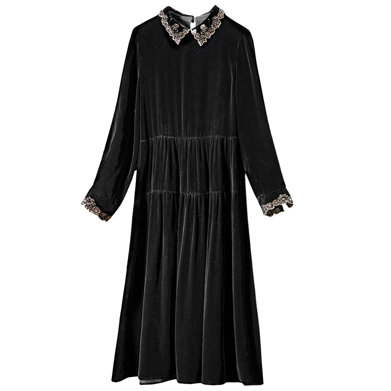 

Luxurious NATURAL SILK Polyester Womens Formal Dresses Velvet Vintage A-LINE Embroidery Mid-Calf Peter Pan Collar Spring