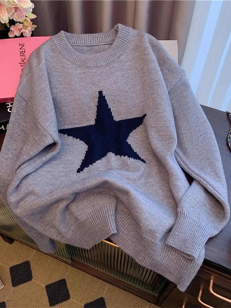 Женский серый пуловер со звездами свитер в стиле Харадзюку корейский