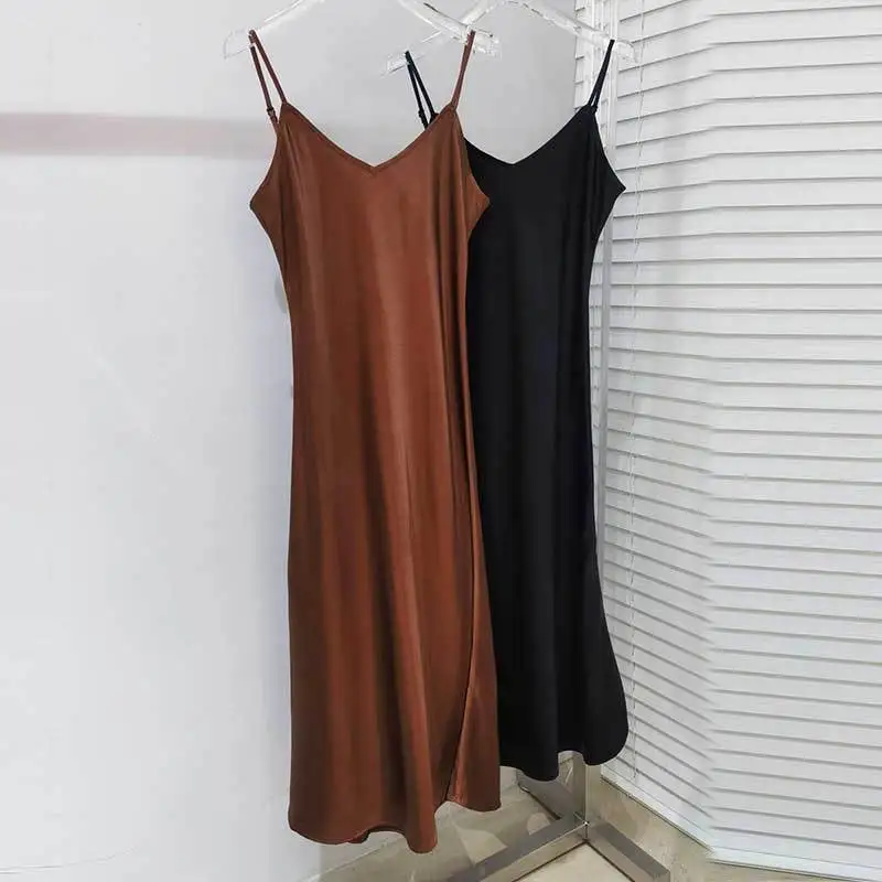 Fashion New Solid Acetic Acid Strap Dress Runway Simple Sexy V-Neck  Slimming Suspended Dresses Temperament Women Clothes 2Color